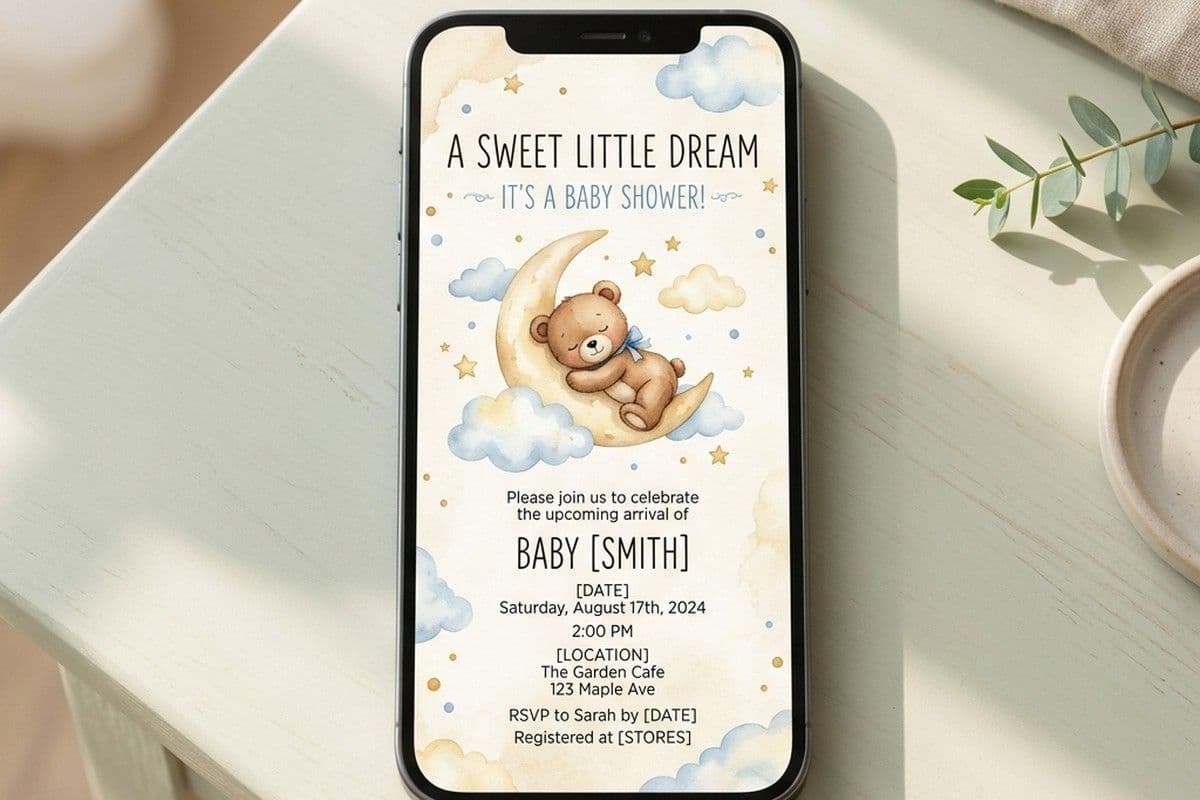 Digital baby shower invitation card with teddy bear design and party details shown on a smartphone