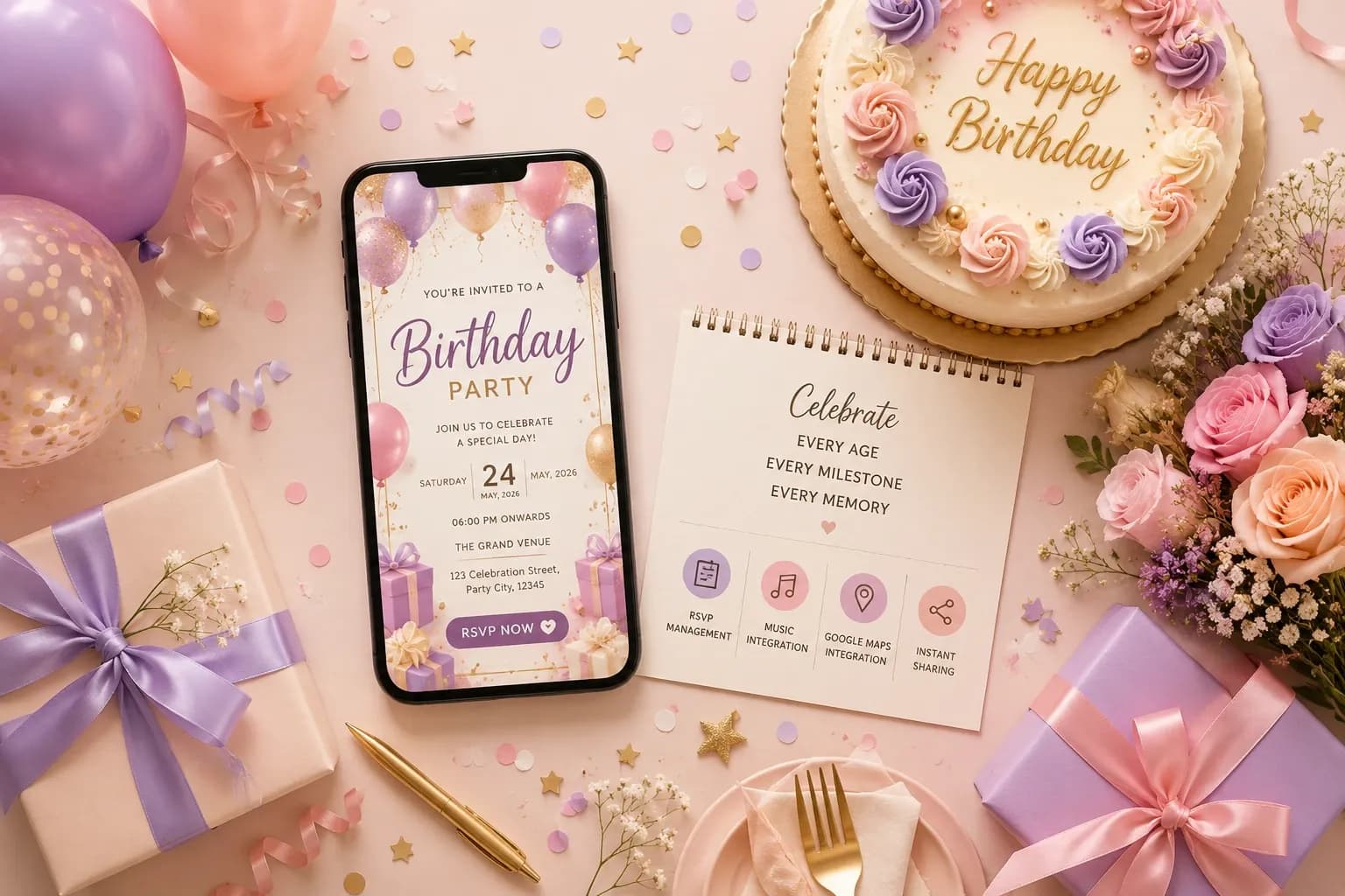 Colorful Digital Birthday Invitation Celebration with Balloons and Cake