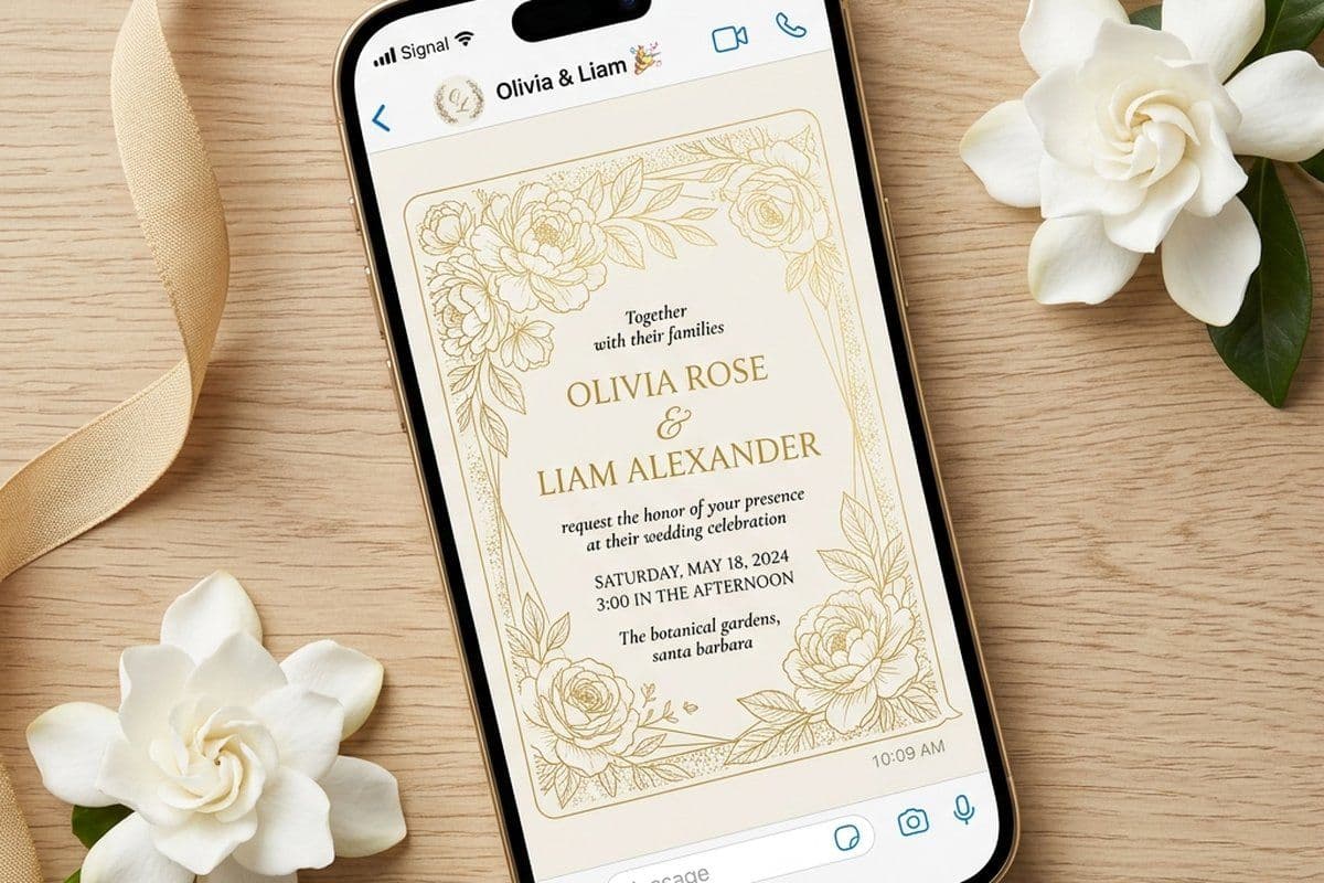 Couple sending a digital wedding invitation card to guests on WhatsApp from a smartphone