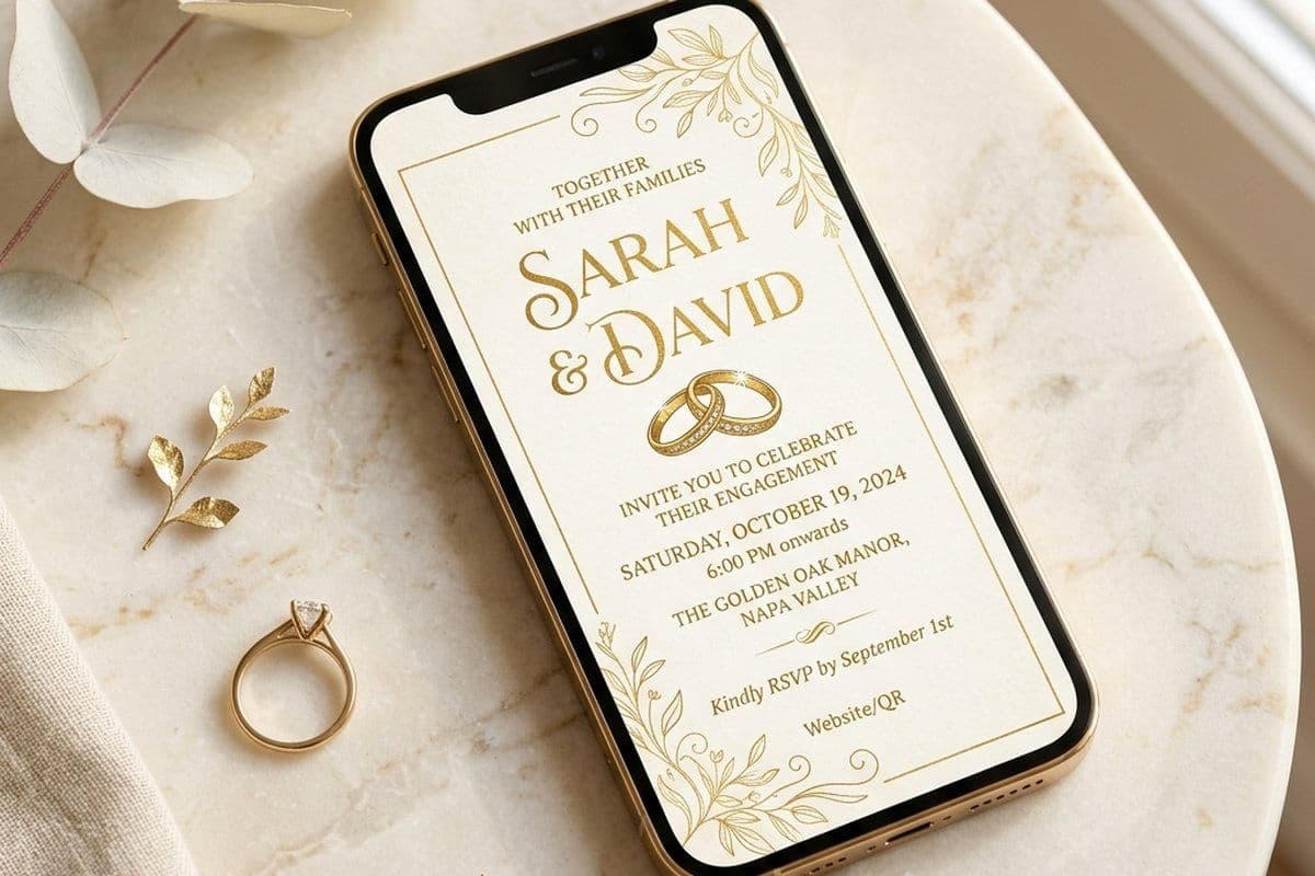 Elegant digital engagement invitation card with couple names and ring illustration on a phone screen